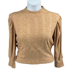 Band of the Free Camel Ribbed‎ Puff Sleeve Mock Neck Knit Top Sweater NWT L